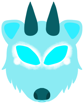 a headshot of a blue bear-like creature with teal horns and glowing cyan eyes