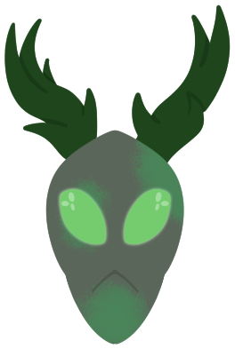 a headshot of a stone deer-like creature with a beak, green antlers and glowing green eyes