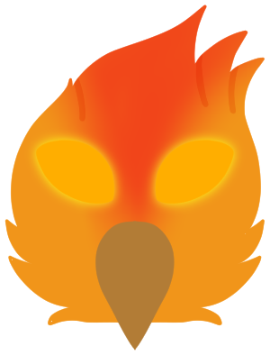 a headshot of an orange bird with red markings and glowing orange eyes