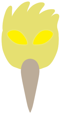 a headshot of a yellow bird with a silver beak and glowing yellow eyes