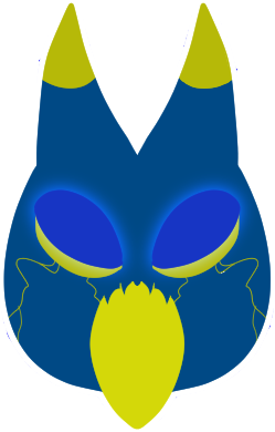 a headshot of a crested blue wolf with a yellow beak and glowing blue eyes