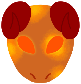 a headshot of an orange salamander with red ram horns and glowing red eyes