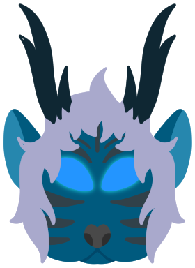 a headshot of a blue seal with dark grey stripes, antlers and glowing blue eyes