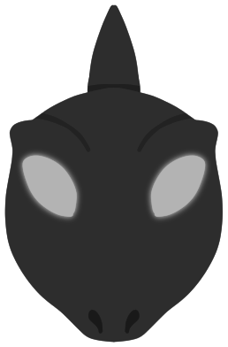 a headshot of a dark grey lizard with a spike on their head and glowing silver eyes