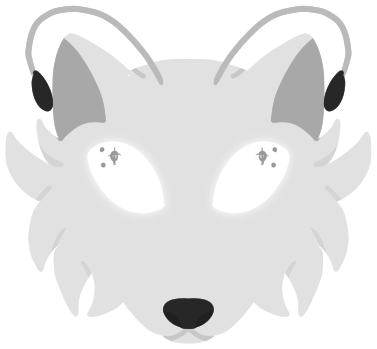 a headshot of a white fox with antenna and glowing white eyes