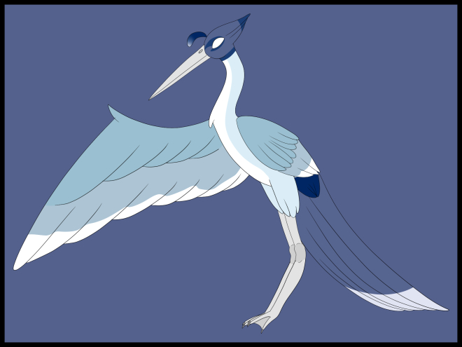 a blue crane with a long tail, a feather on the top of her head and white eyes