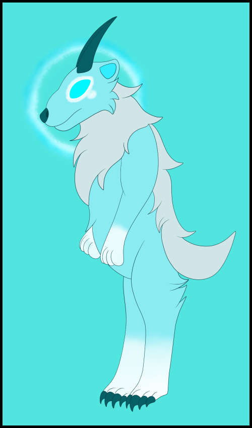 a blue bear-like creature with teal horns and cyan eyes