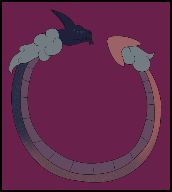a purple-pink snake with a cloudy mane curled in a circle