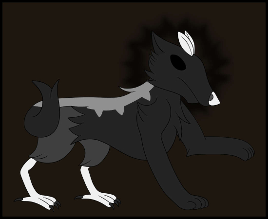 a black jackal with white moth antenna, white bird back legs and black eyes