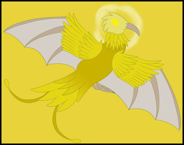 a yellow bird with wings that are feathered and bat-like and yellow eyes