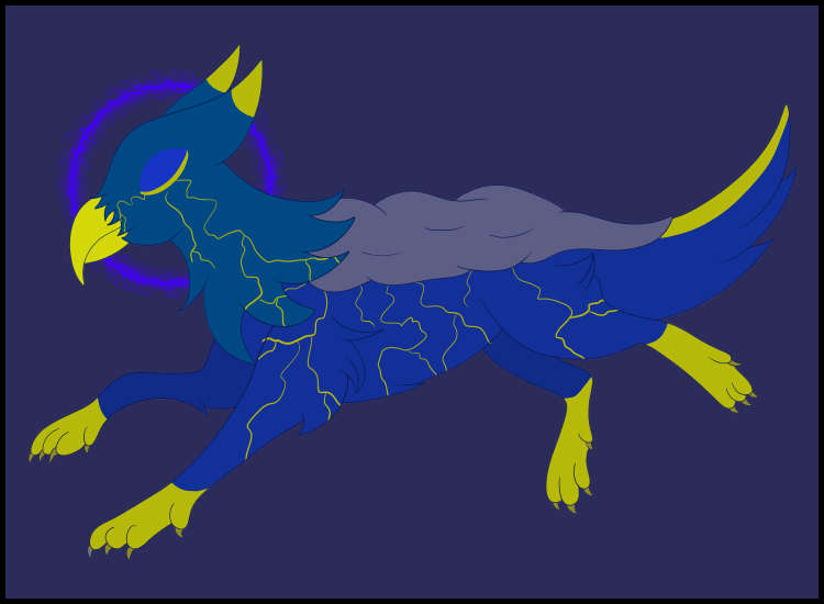 a blue hawk-headed wolf with a stormcloud on his back and blue eyes