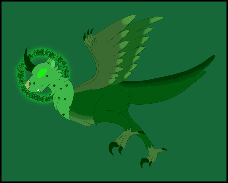 a jaguar-headed Velociraptor with a green, branched unicorn horn and green eyes
