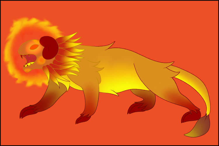 a salamander-headed lion with red ram horns, red hooves, bright feathers around her neck and red eyes