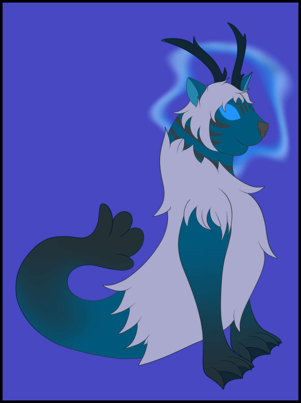 a blue seal with grey stripes, fur on his torso, antlers and blue eyes