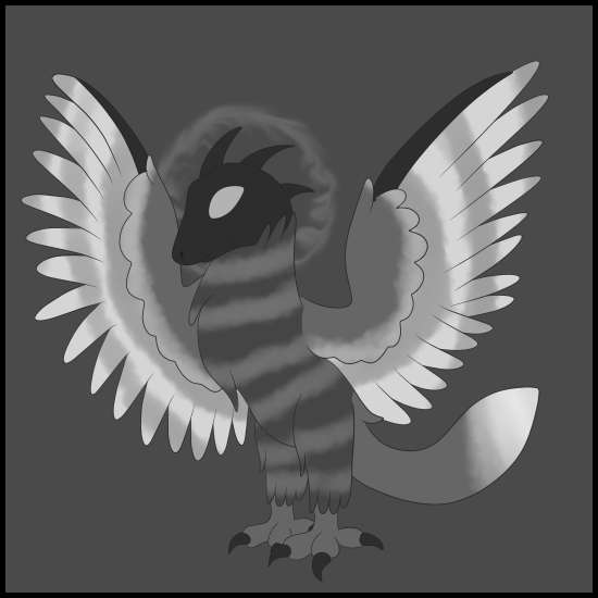  a lizard-headed creature with a striped torso, bird legs, feathered wings and silver eyes