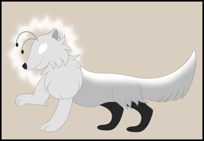 a white fox with antenna, black back legs and white eyes