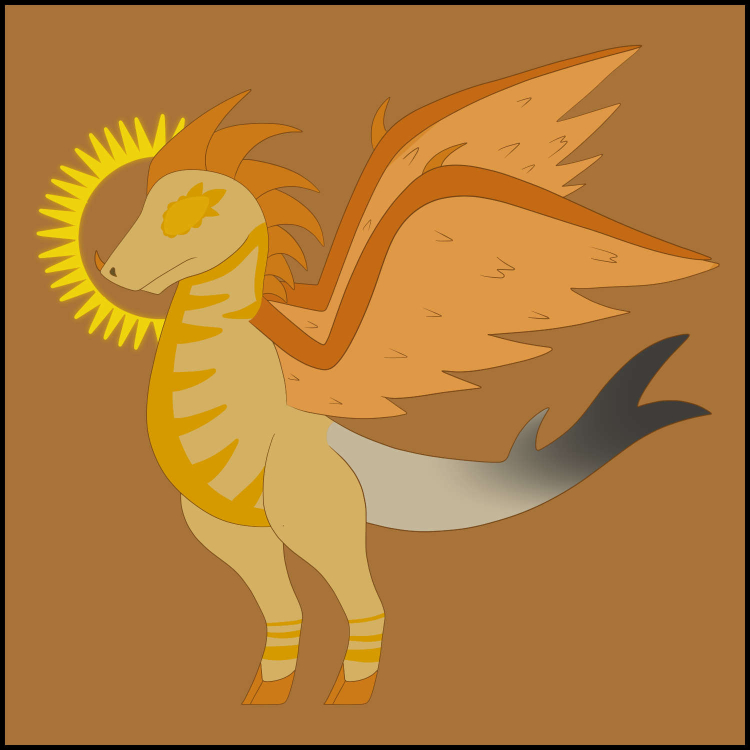 a bipedal copper wyvern with a metal crest, hooves, a shark tail and copper eyes