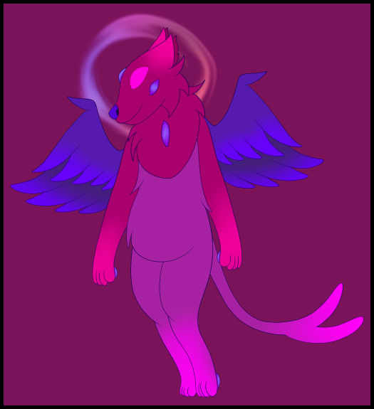 a bipedal purple cat with gems inset in her forehead and paws, feathered wings and magenta eyes