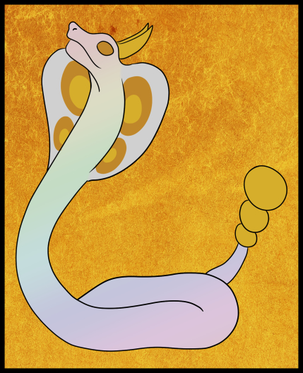a white iridescent snake with golden horns and orbs at the end of its tail