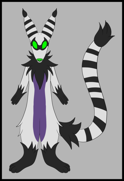 a black and white striped weasel with a long tail and green eyes